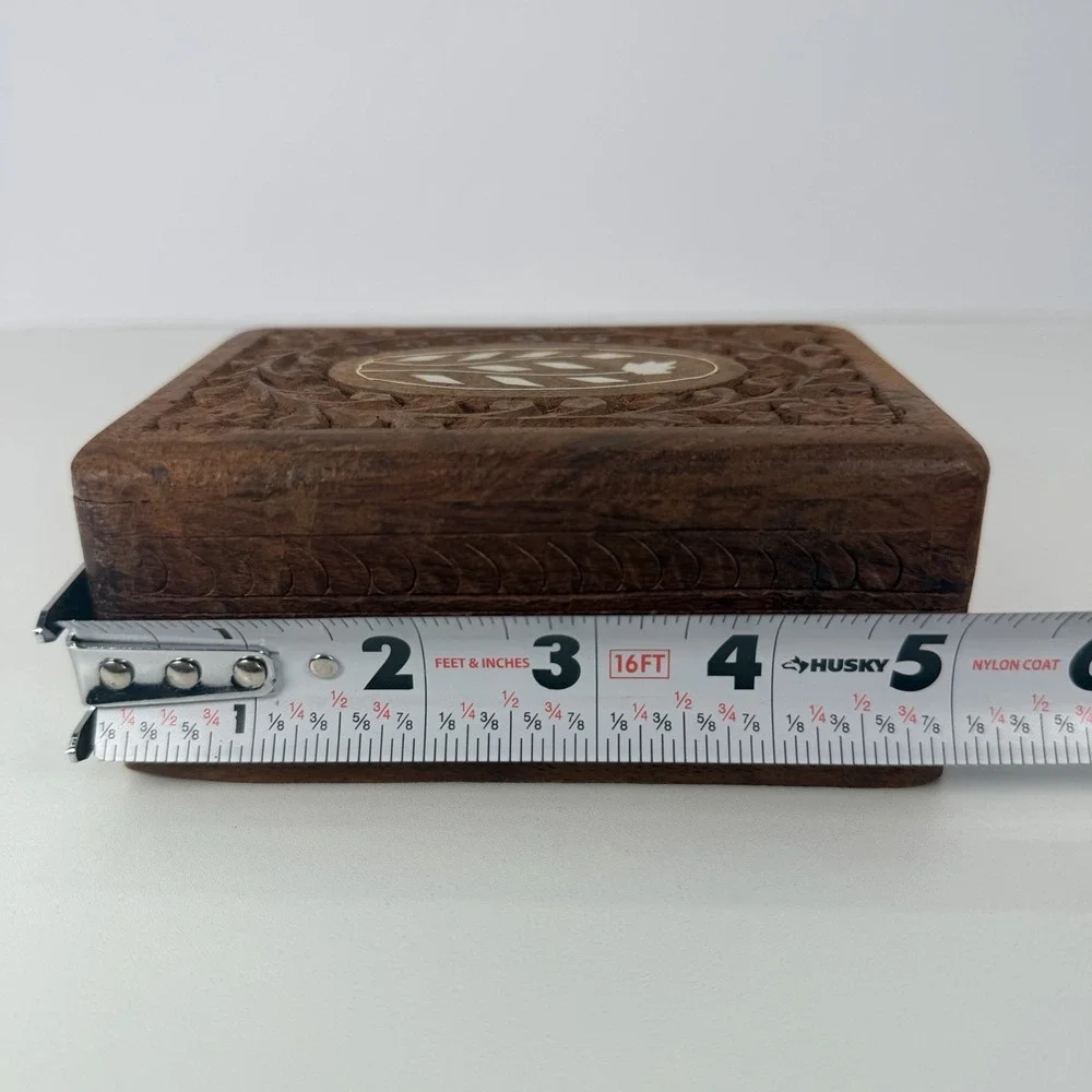 Hand Carved Wooden Jewelry Box Vintage Floral Inlay India Trinket Box